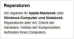 REPARATUREN : Wir reparien Ihr Apple-Macbook, Apple iMac, Windows-Computer oder Notebook. Reparaturen aller Art: Check der Hardware, Umbau od. Aufrstung